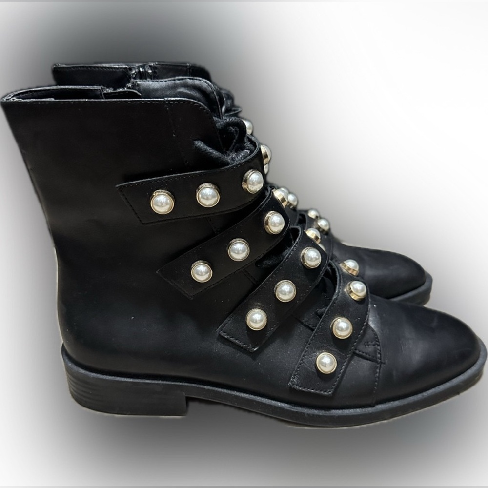 Zara Pearl Embellished Biker Boots - Picture 5 of 10